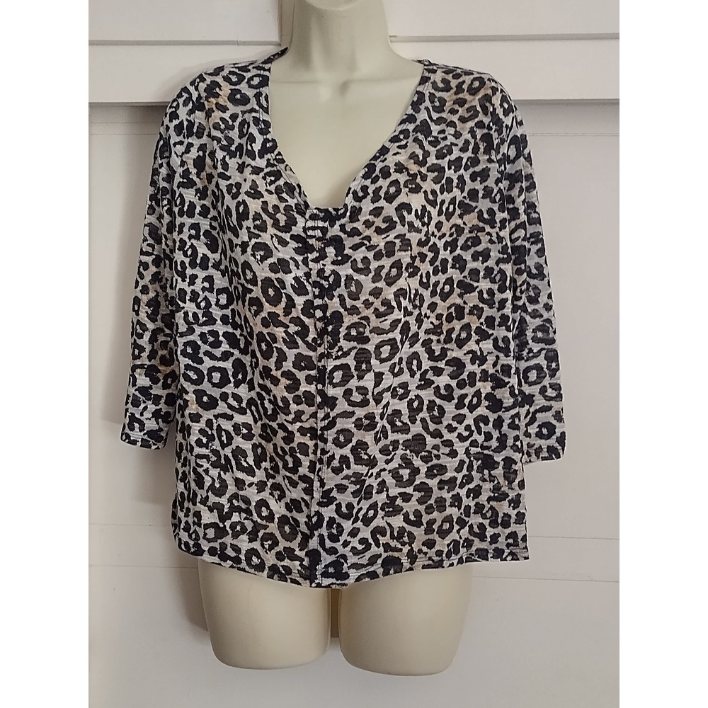 Faded Glory Womens Black Leopard Print V-Neck 3/4 Sleeve Top Open Front XL China